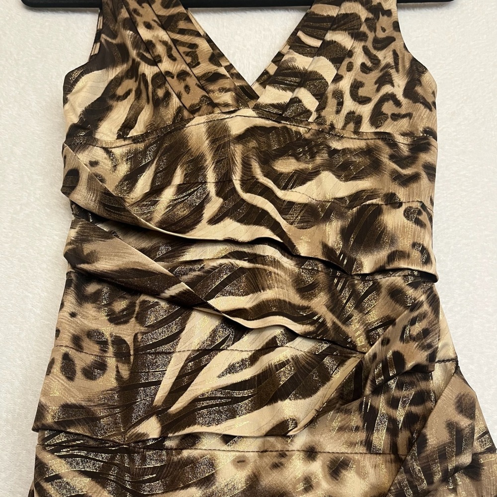Animal Leopard Print Dress Brown Tan Gold Sleeveless V-Neck Party Cocktail M - Picture 2 of 11